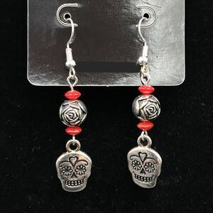 Handmade Sugar Skull & Rose with Red Bead Earrings by Neanie-Bot